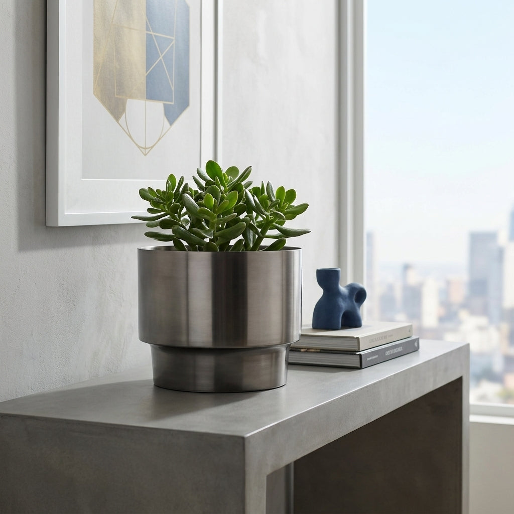 Modern interior with a potted plant in a century pot by a window with cityscape view.