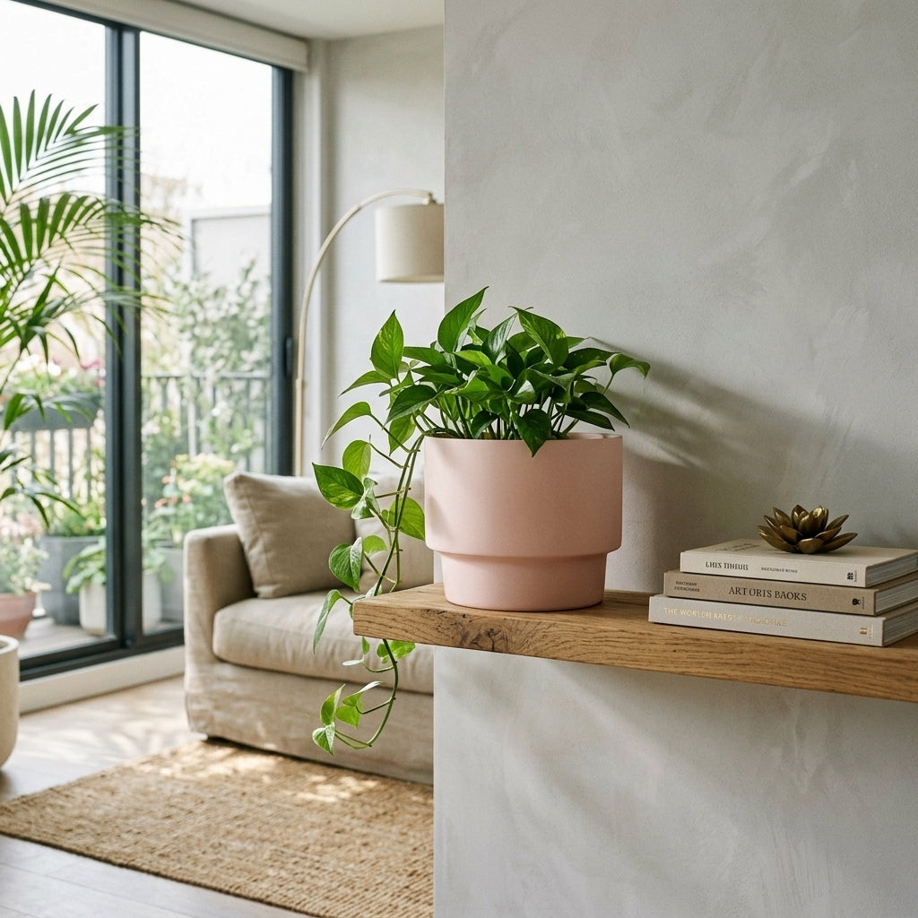 Modern living room with a plant on a wooden shelf, books, and a lamp.