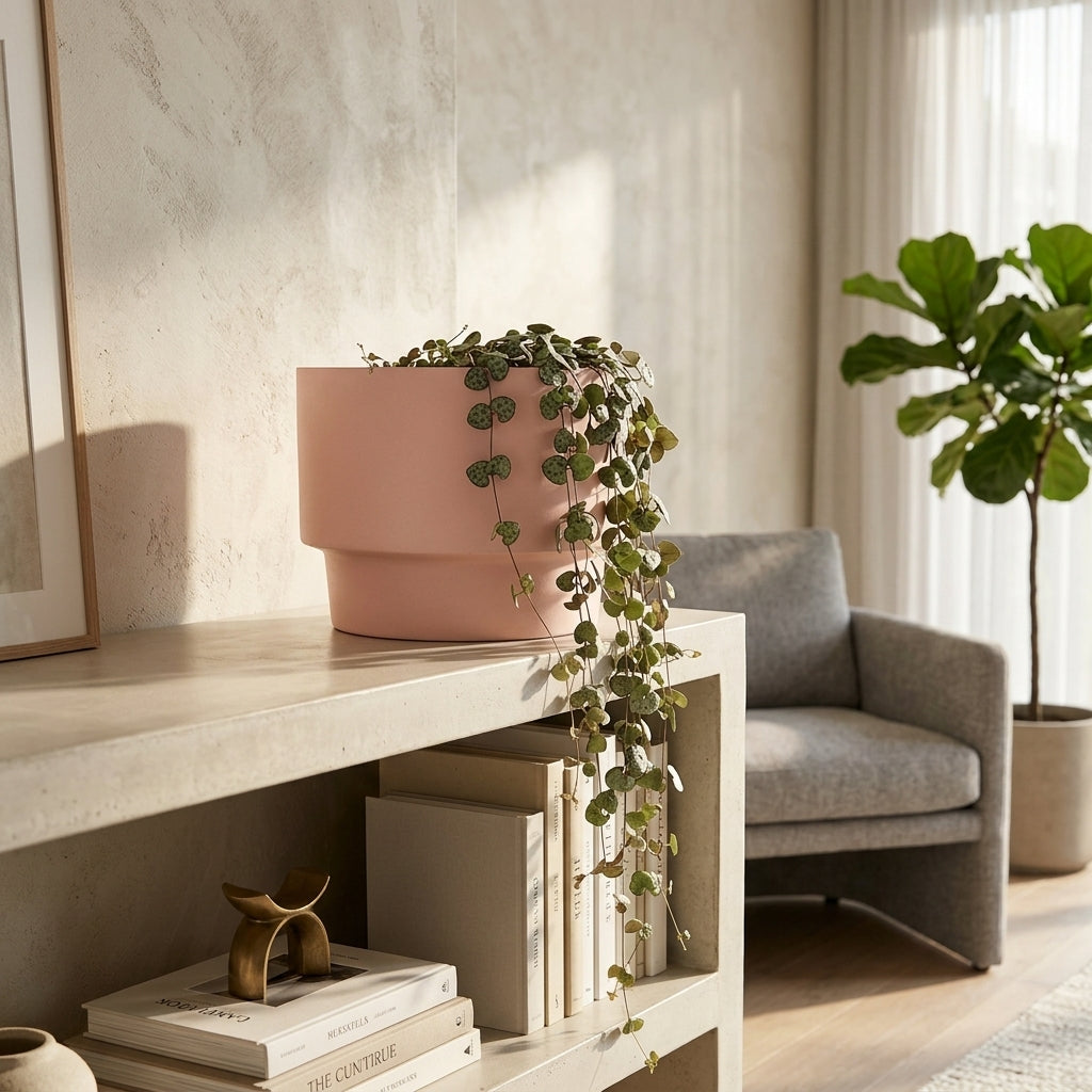 Living room with a pink planter, books, and a gray armchair.