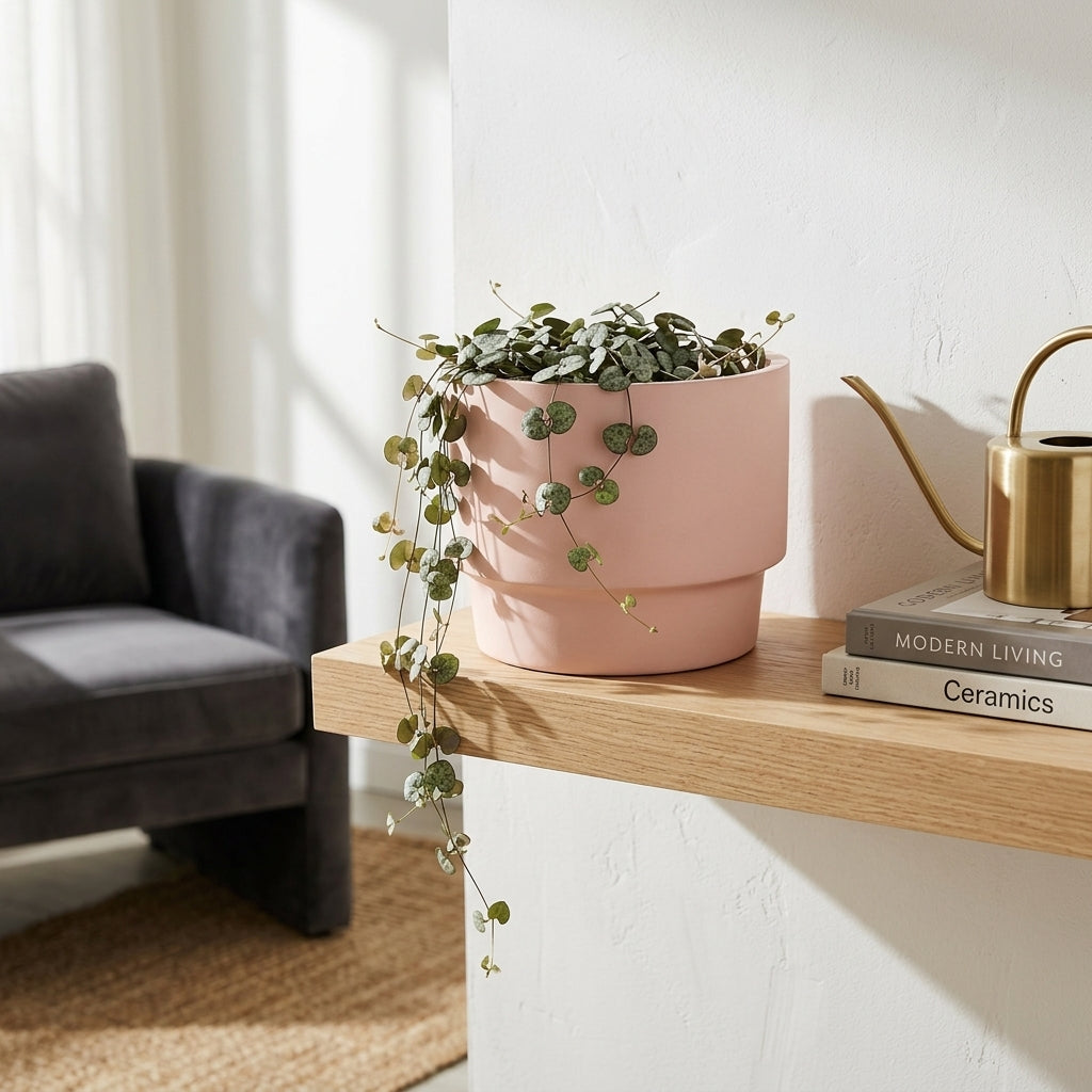 Pink ceramic planter with a plant on a wooden table in a living room setting.