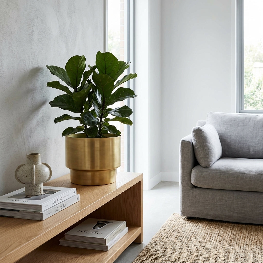 Metal pot on a wooden shelf with books and a vase, next to a gray sofa in a bright room.