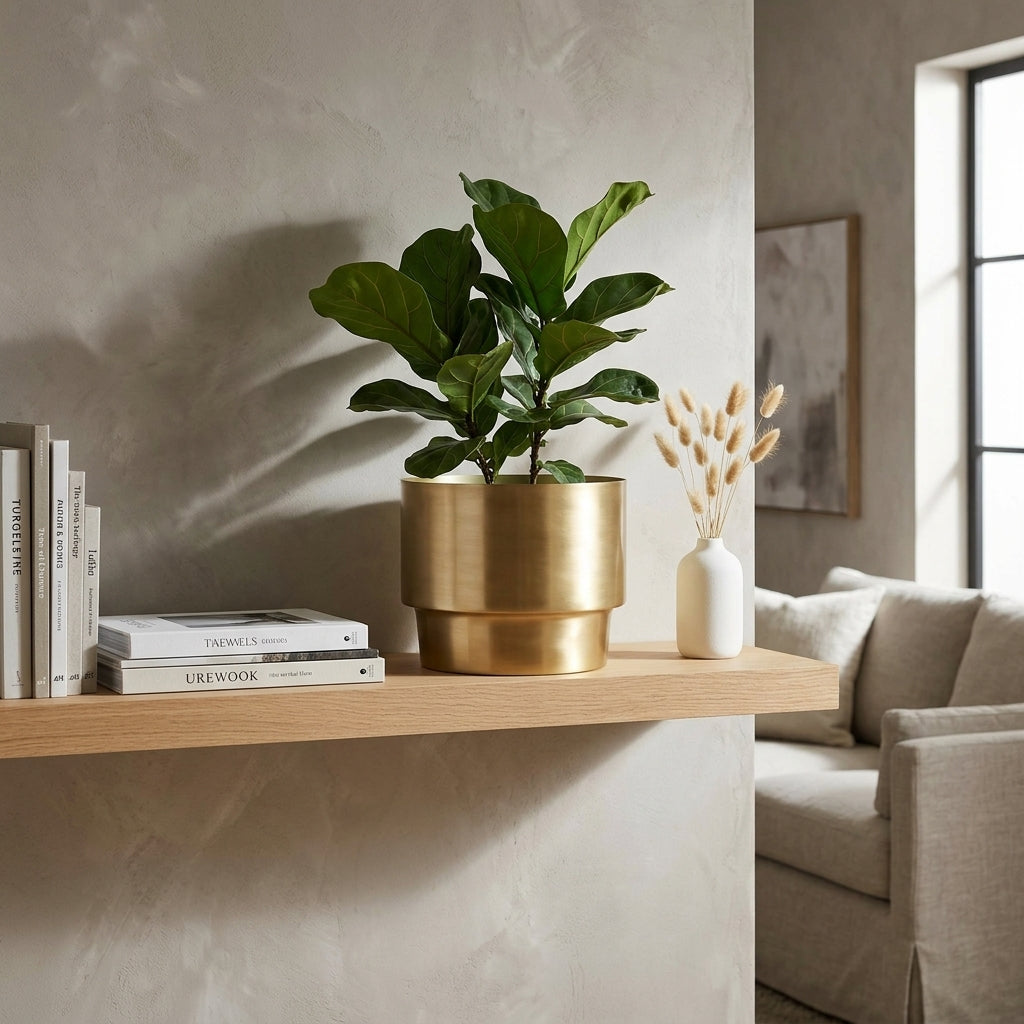 Brass planter on a wooden shelf with books and a vase in a living room setting.