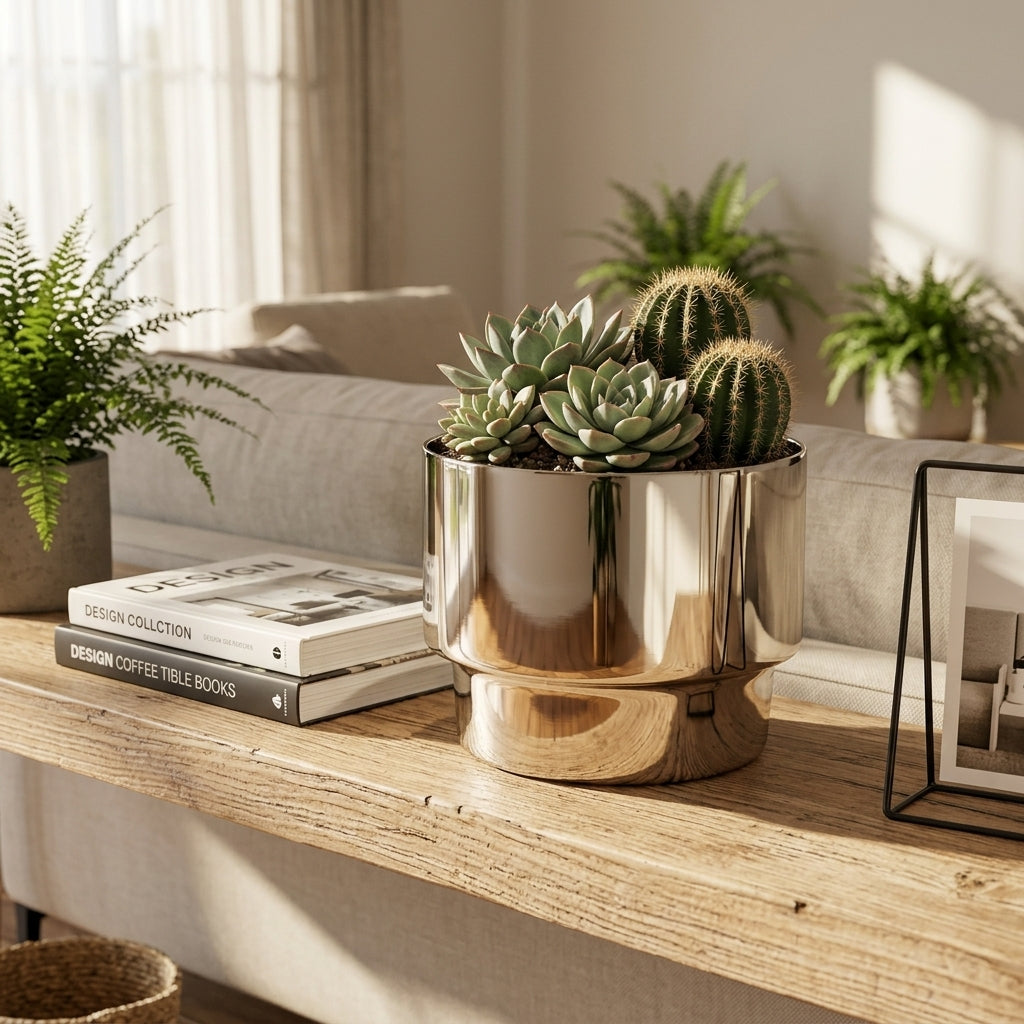Decorative shelf with potted plants, books, and a photo frame in a home setting.