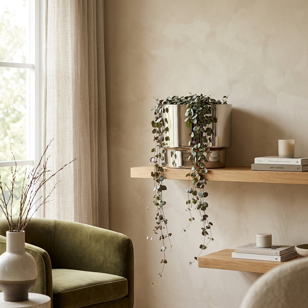 Modern living room with a green sofa, wooden shelf with stylish modern planter and decor, and a neutral color scheme.