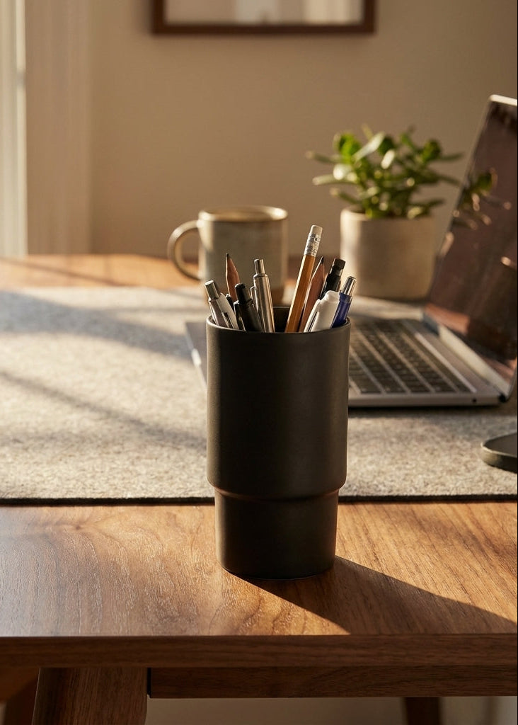 Desk setup with a pen holder, laptop, and mug near a window