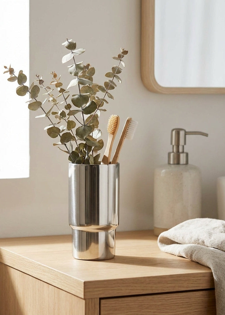 Bathroom counter with a metallic vase, toothbrushes, and soap dispenser.