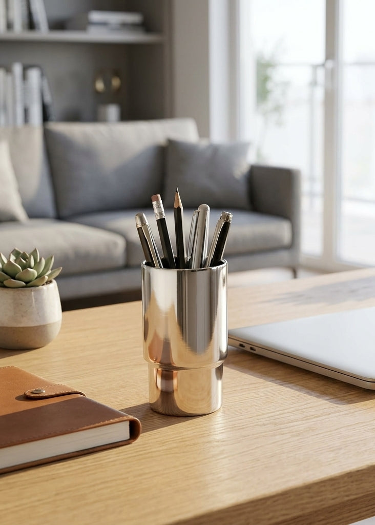 Modern home office desk with laptop, notebook, and pen holder.