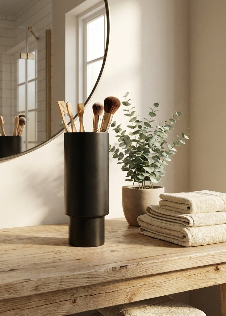 Bathroom vanity with makeup brushes in a holder, towels, and a plant.
