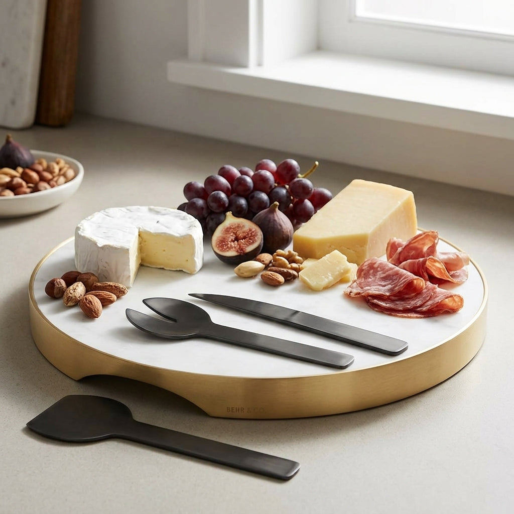 Cheeseboard with assorted meats, cheeses, fruits, and nuts on a light surface.