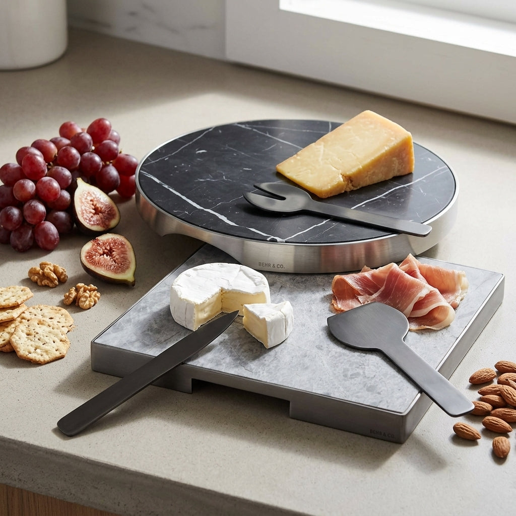 Cheese platter set with marble surface and black utensils on a kitchen counter.