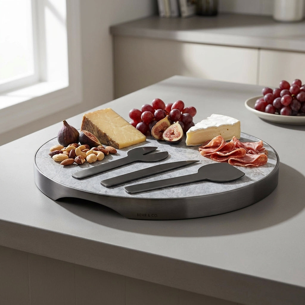 Gray cheese board with cheese, fruits, and meats on a kitchen counter.