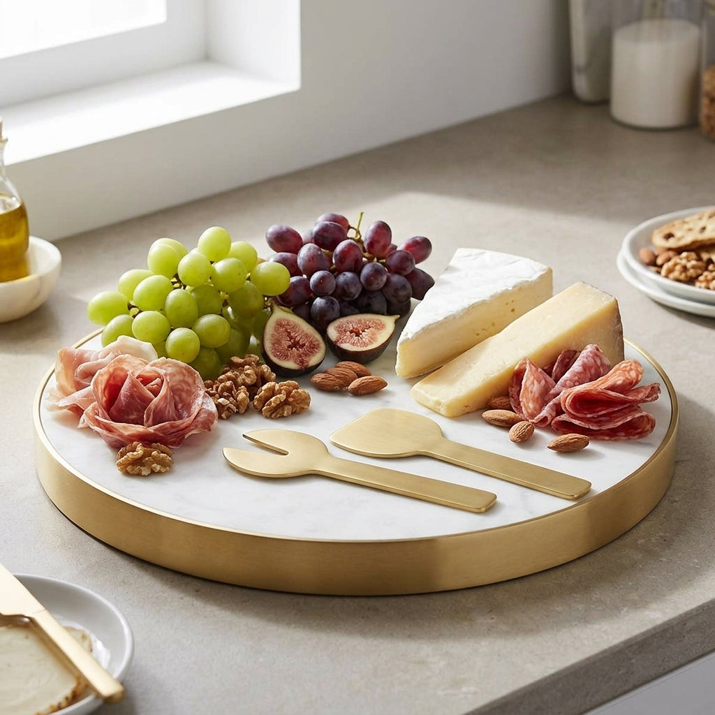 Assorted cheeses, fruits, and meats on a decorative platter with brass cheese set.