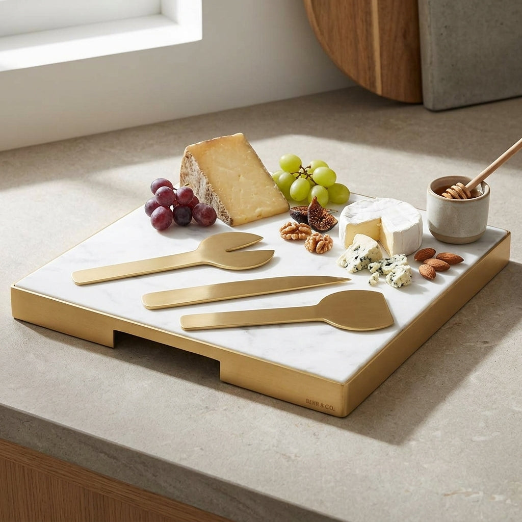 Cheese platter with gold cheese knives, cheese, grapes, and nuts on a light surface.