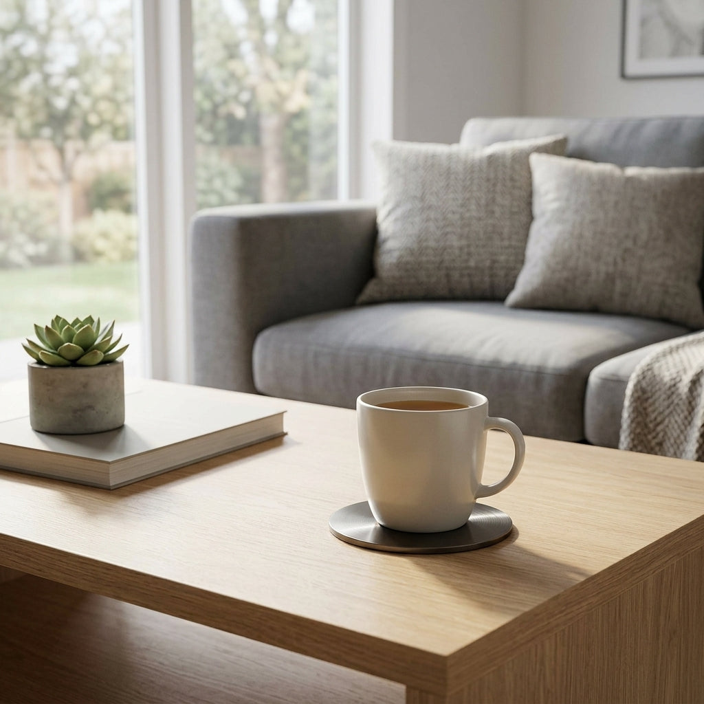 White mug on a black nickel coaster on a wooden coffee table with a book and small plant in a living room.