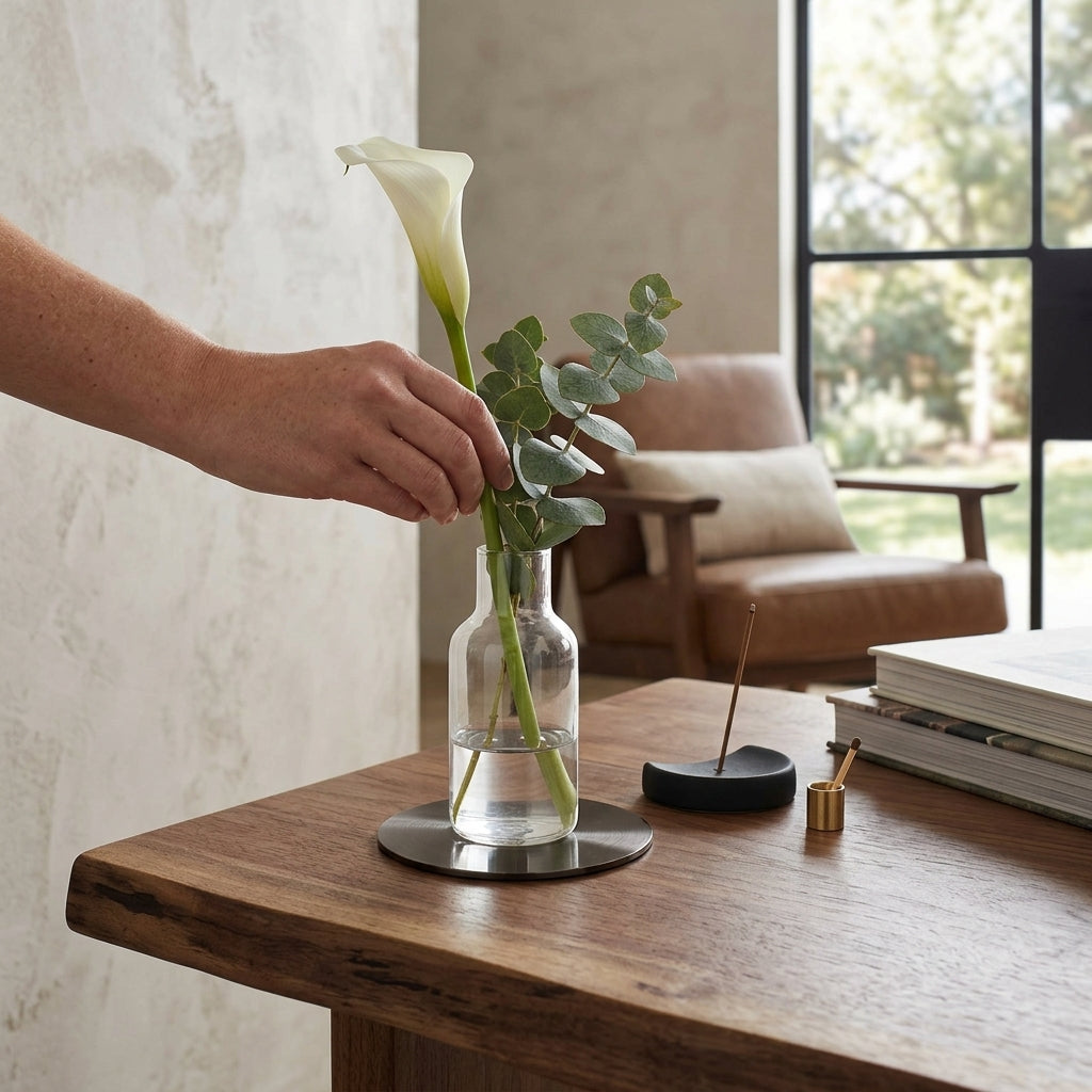 Person arranging flowers in a clear vase on a black metal coaster on a wooden table with a blurred background