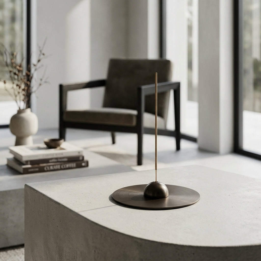 Modern interior with an incense holder placed on a nice black nickel coaster.