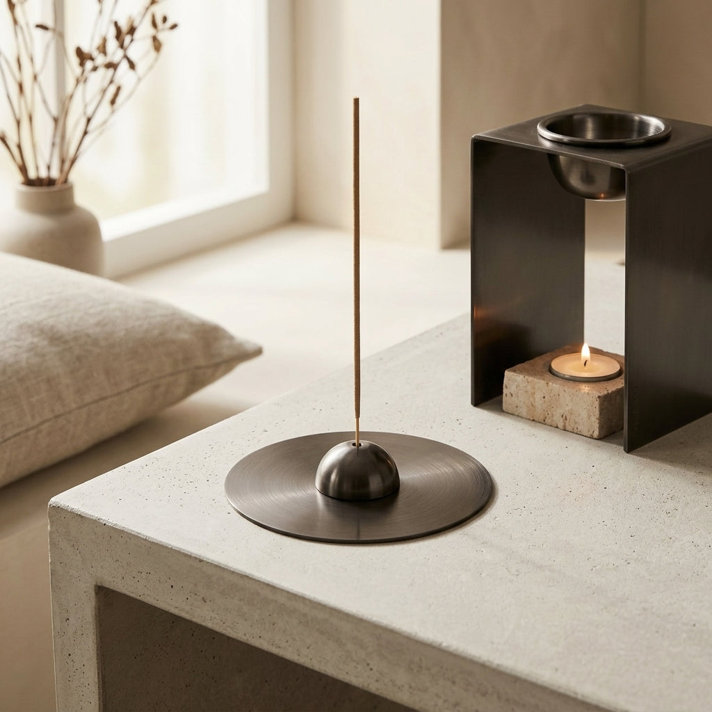 Incense holder holding an incense stick on a metal coaster with an oil burner in background
