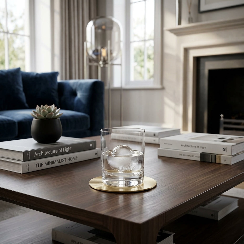 Glass of water on a coaster with books on a wooden table in a living room.