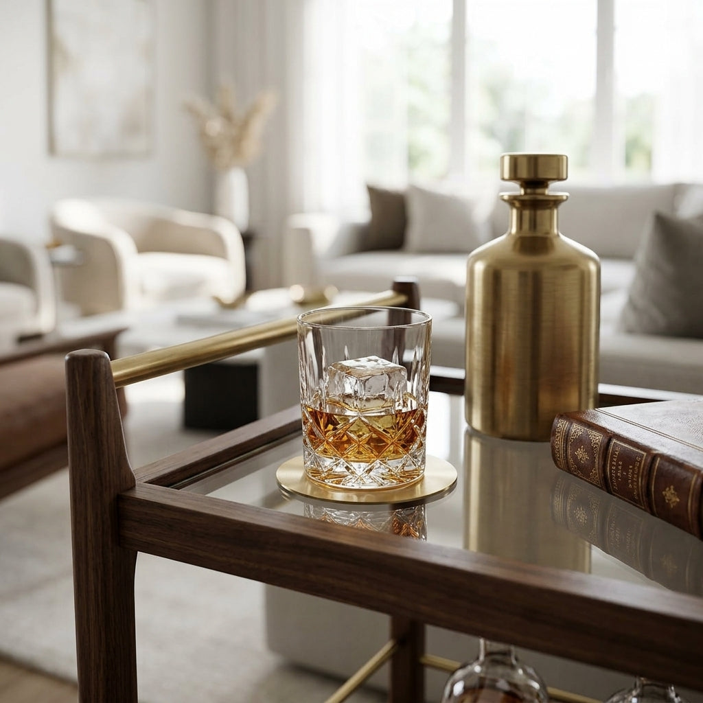 Glass of whiskey with a brass coaster on a coffee table in a living room.