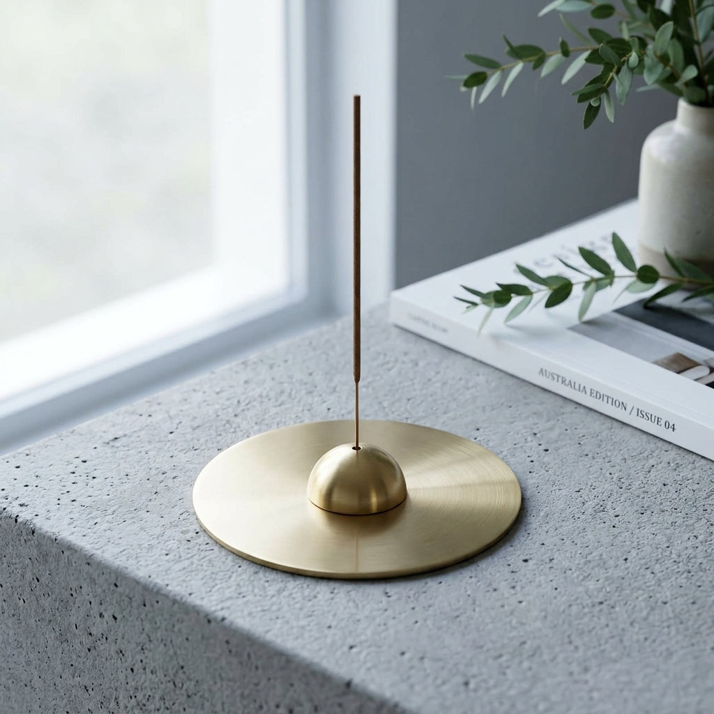 Brass incense burner on a metal coaster on a concrete surface with a window and plant in the background