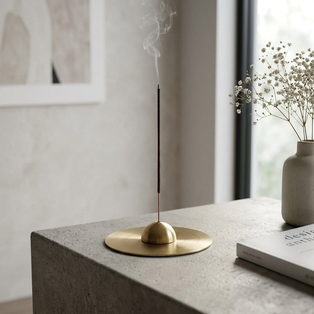 Gold incense burner on a single coaster on a concrete surface with a vase of flowers and book in the background.