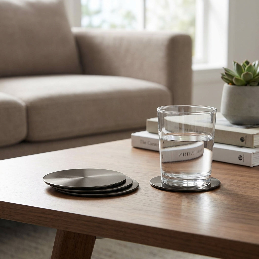 Glass of water on a black coaster with a couch and plant in the background
