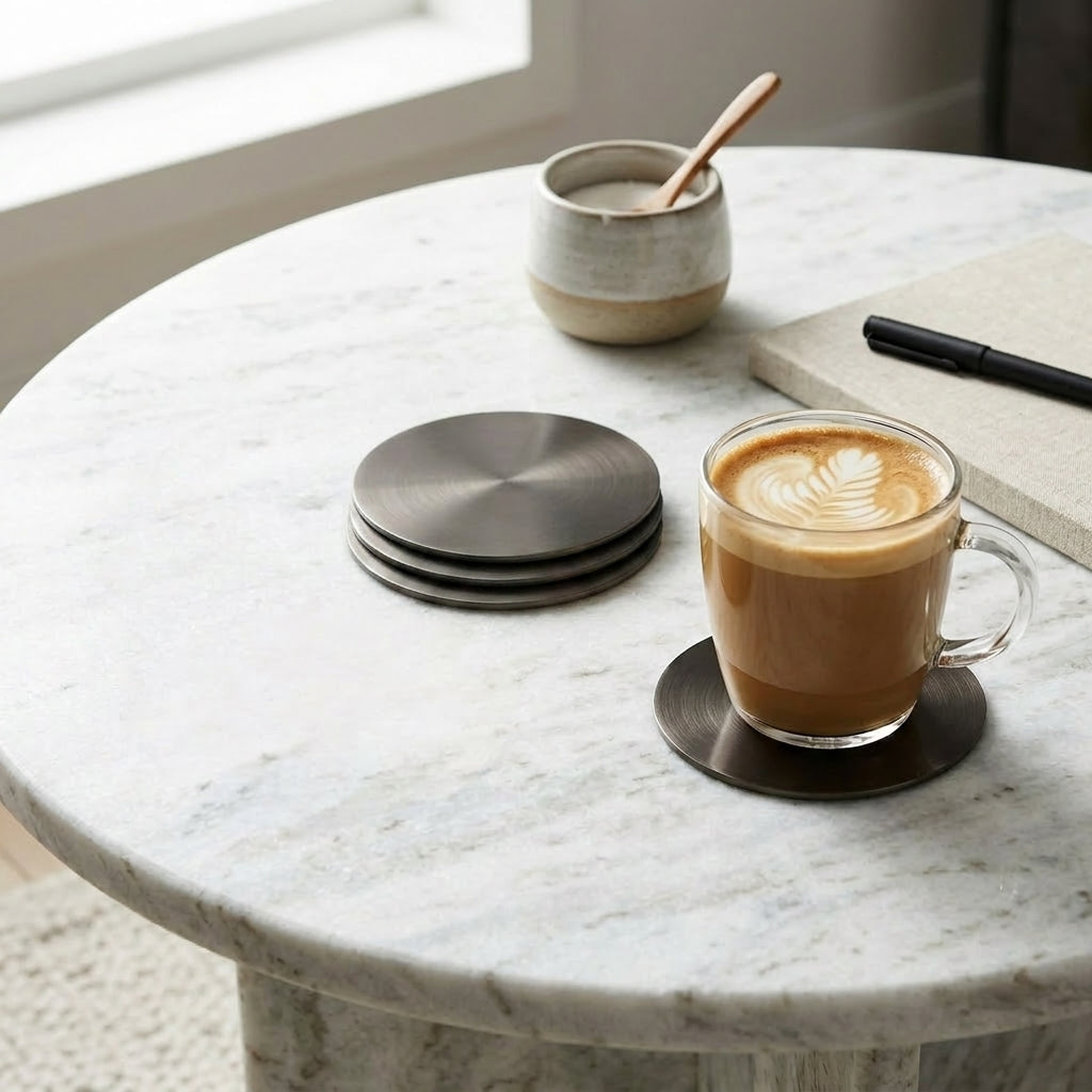 Cup of coffee with latte art on a marble table with coasters and a notebook.