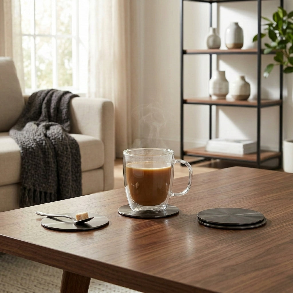 Clear mug with coffee on a black set of 4 coasters in a cozy living room.