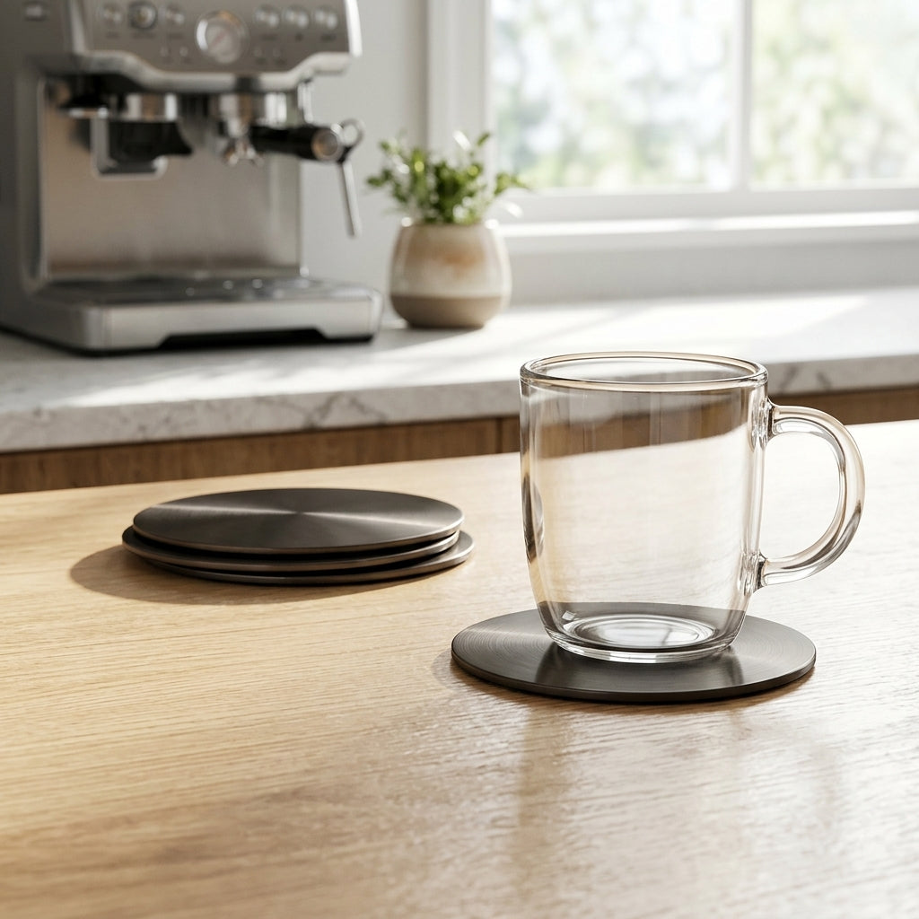 Clear glass mug on a coaster with a kitchen background featuring a coffee machine.
