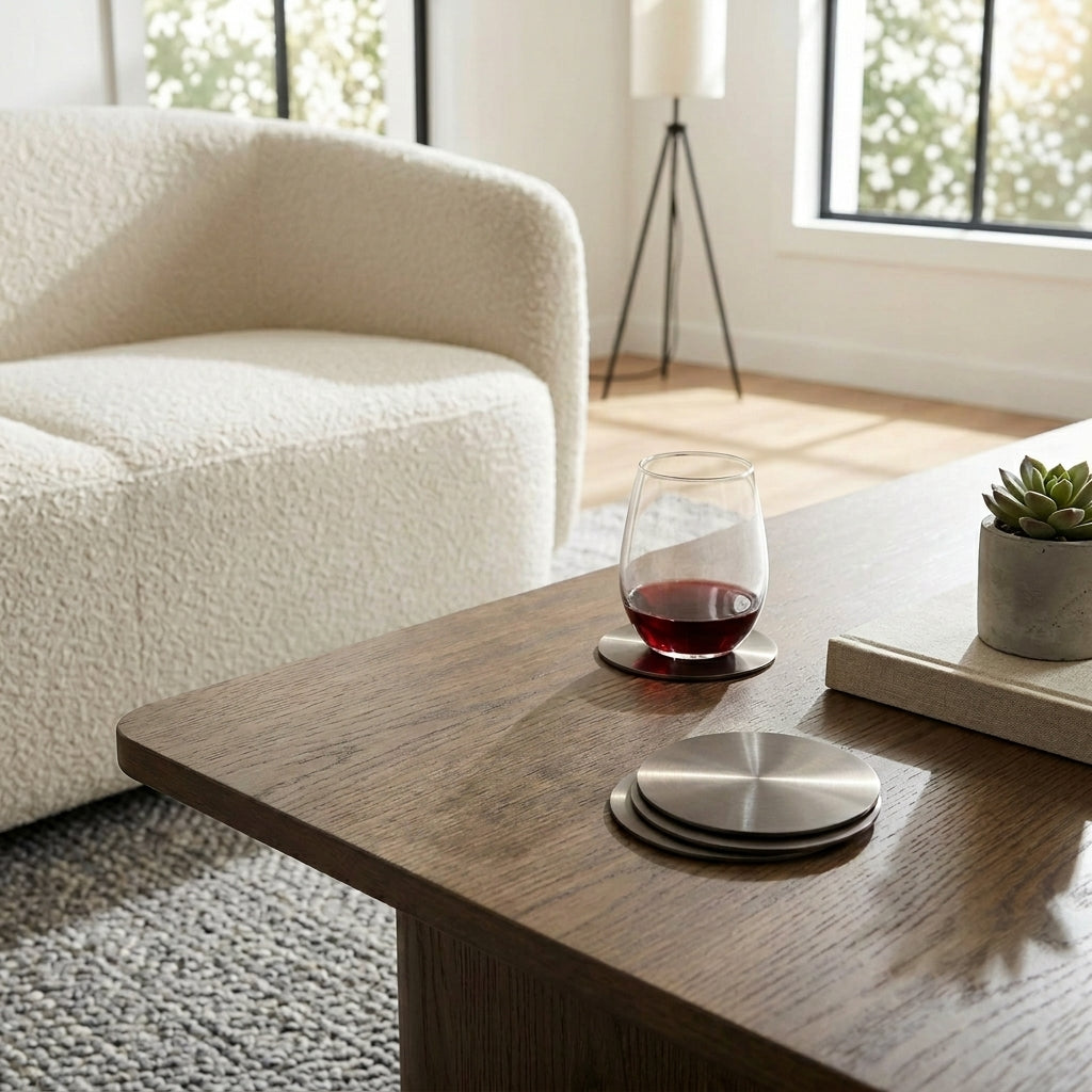Wine glass on a metal coaster with a modern living room setting