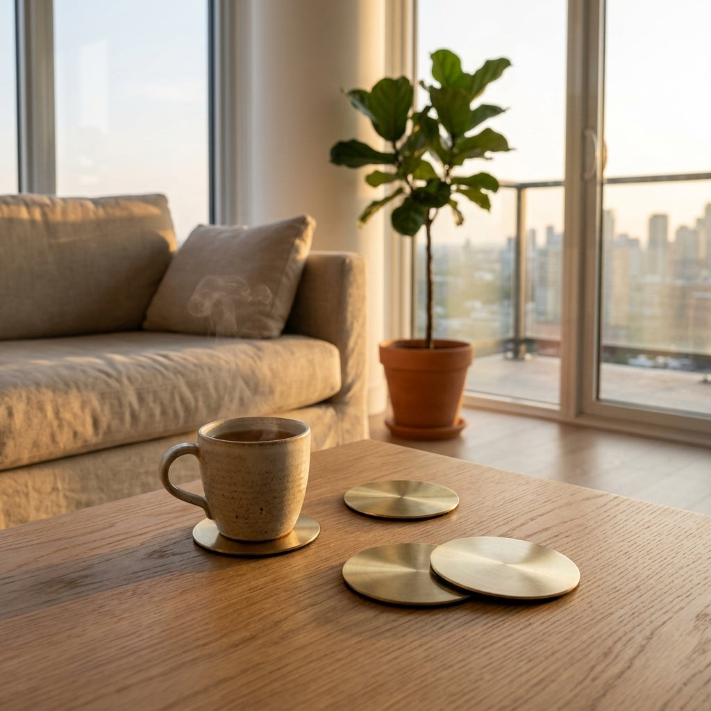 Coffe cup on a coaster with gold coasters on a wooden table in a modern living room.