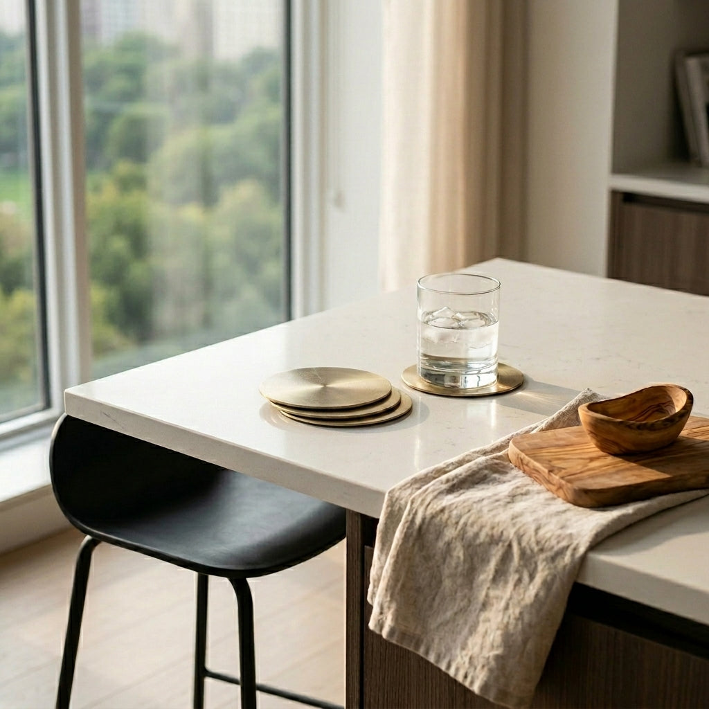 Modern kitchen with a white countertop, black chair, and glass of water placed on a brass coaster along side a stack of 3 brass coasters.