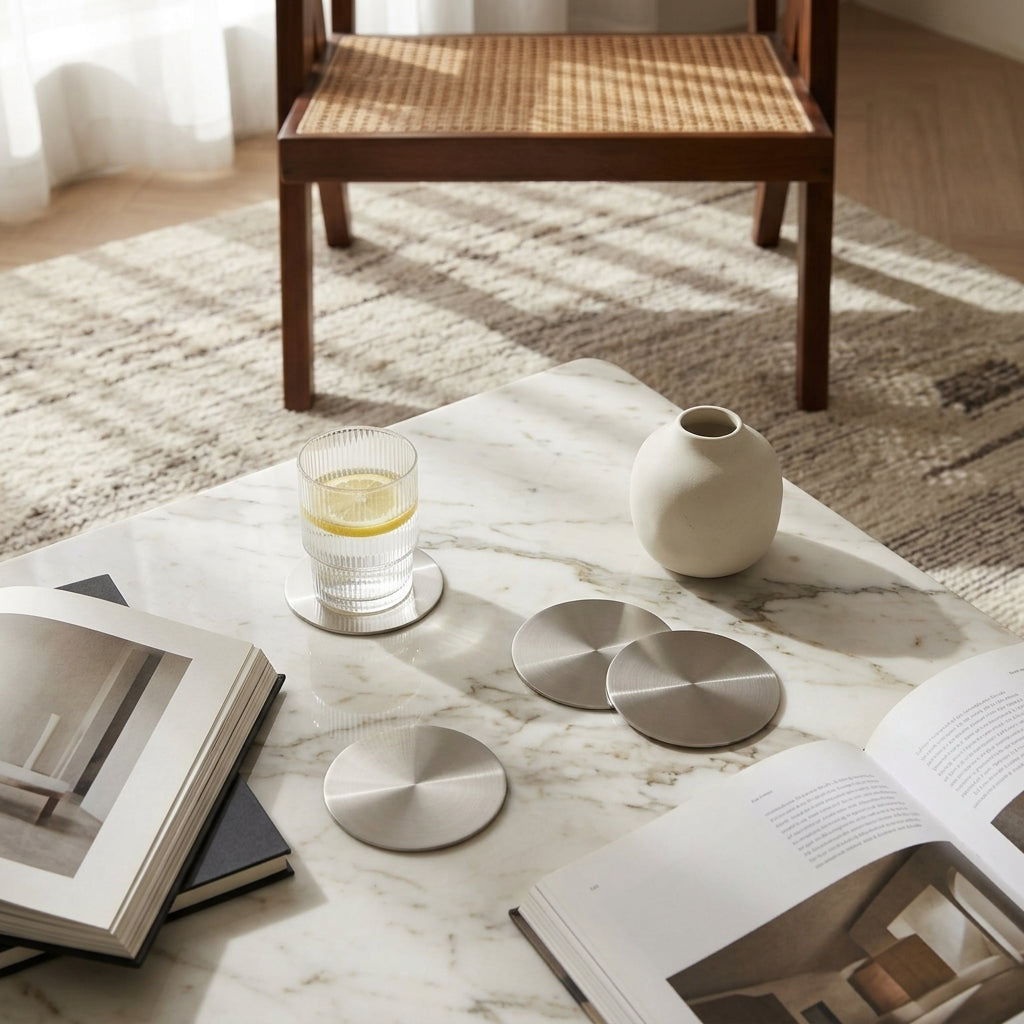 Marble coffee table with books, glass of water, and metallic coasters in a room with wooden chair and rug.