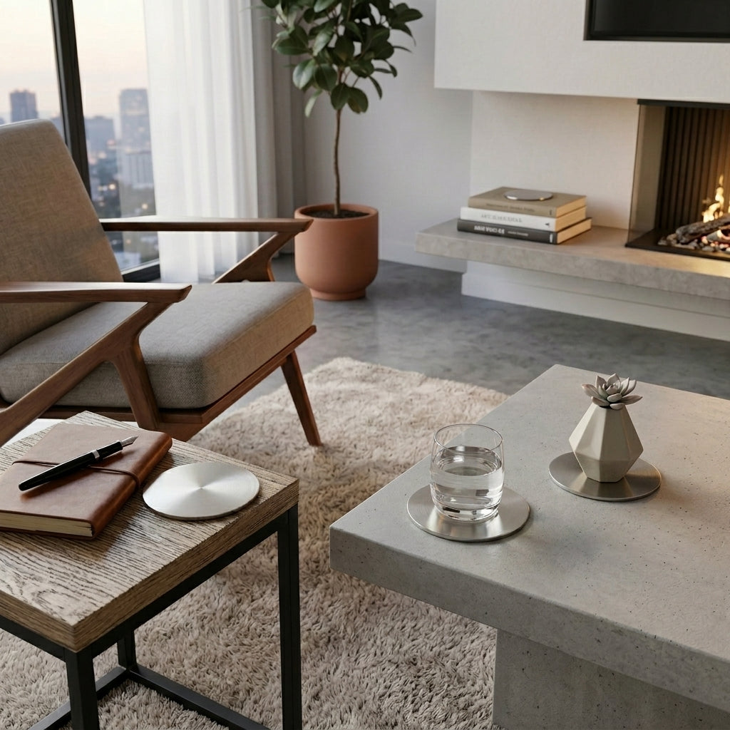 Modern living room with a fireplace, coffee table, steel coasters and armchair.