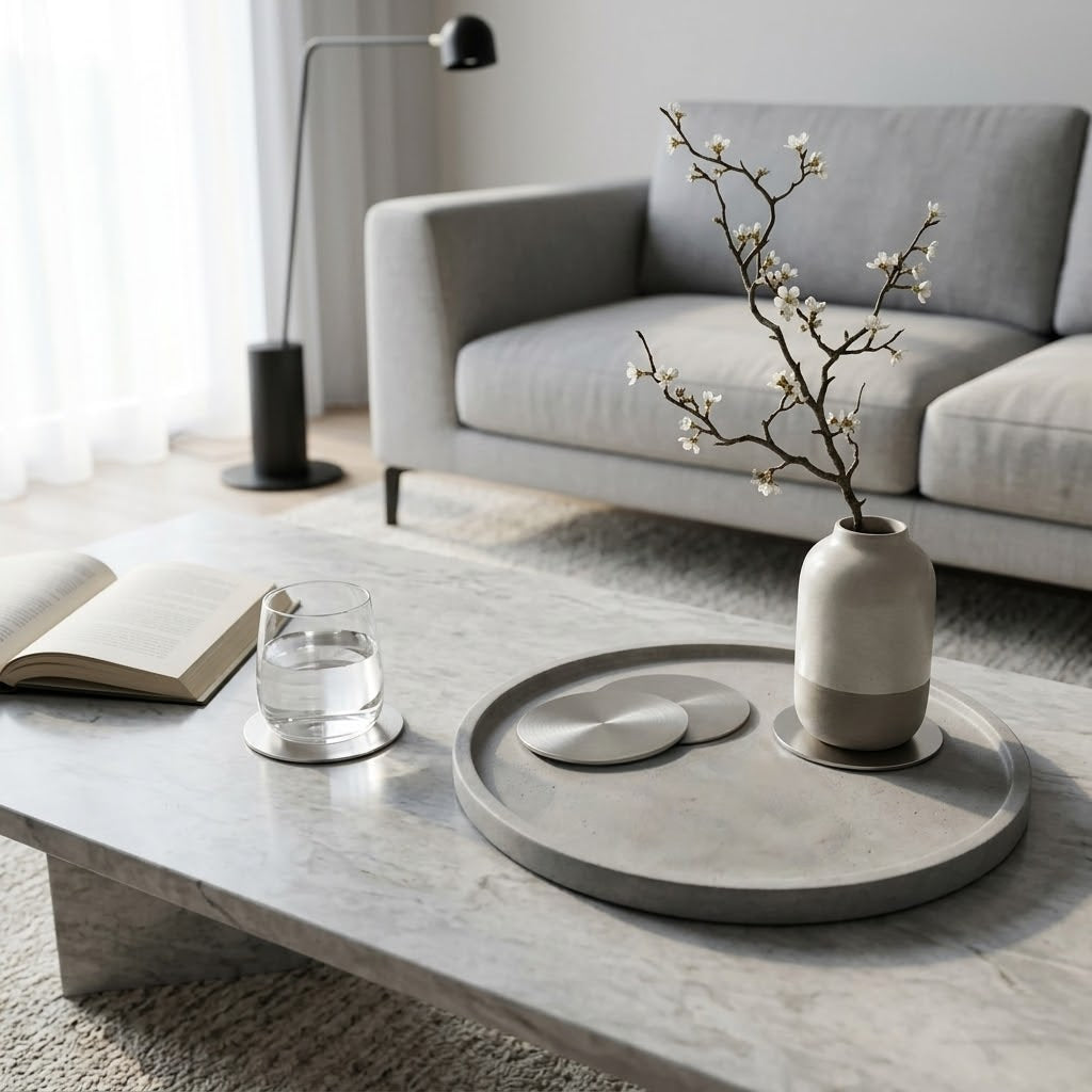 Modern living room with coasters, coffee table, and decorative items.