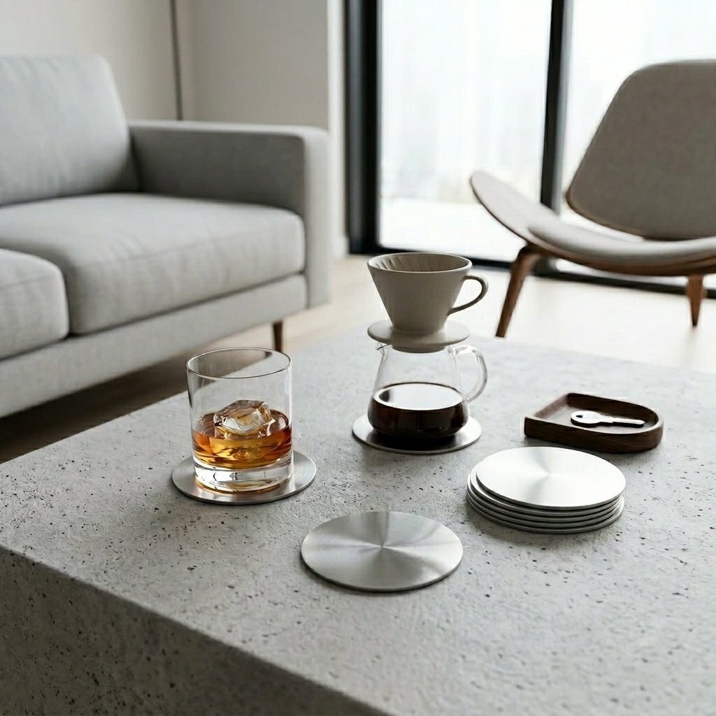 Modern living room with a coffee table featuring a glass of whiskey, coffee, and coasters.