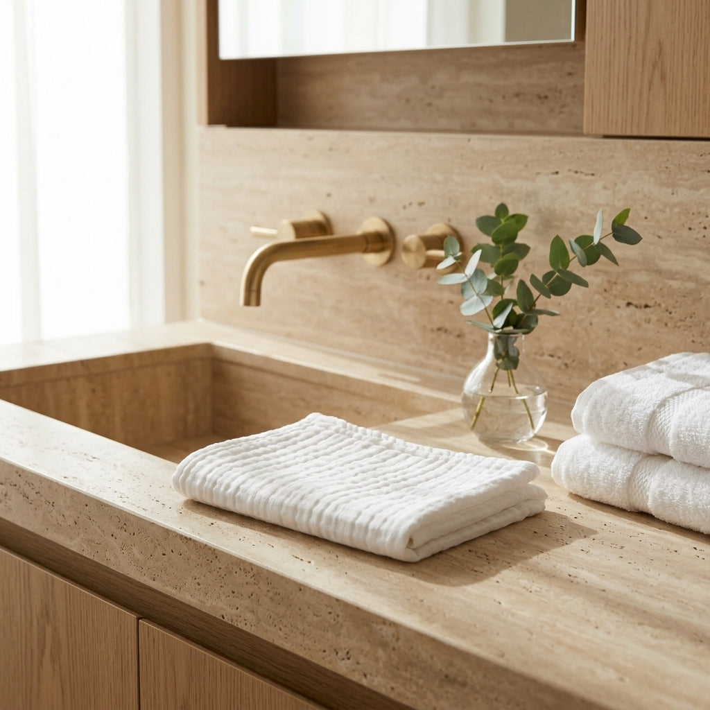 Bathroom counter with white organic towel, gold faucet, and a small plant.