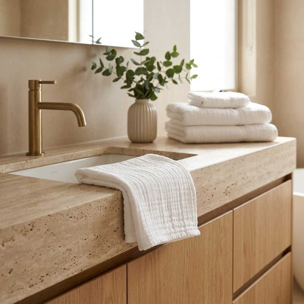 Bathroom vanity with beige countertop, gold faucet, white cotton waffle cloth, and a vase with greenery.