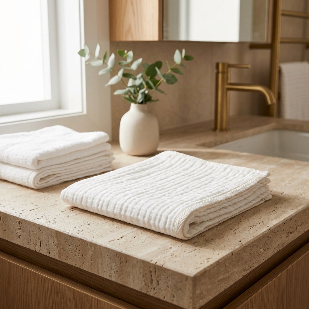 Folded cotton facial towel on a bathroom counter with a vase of greenery and gold faucet.