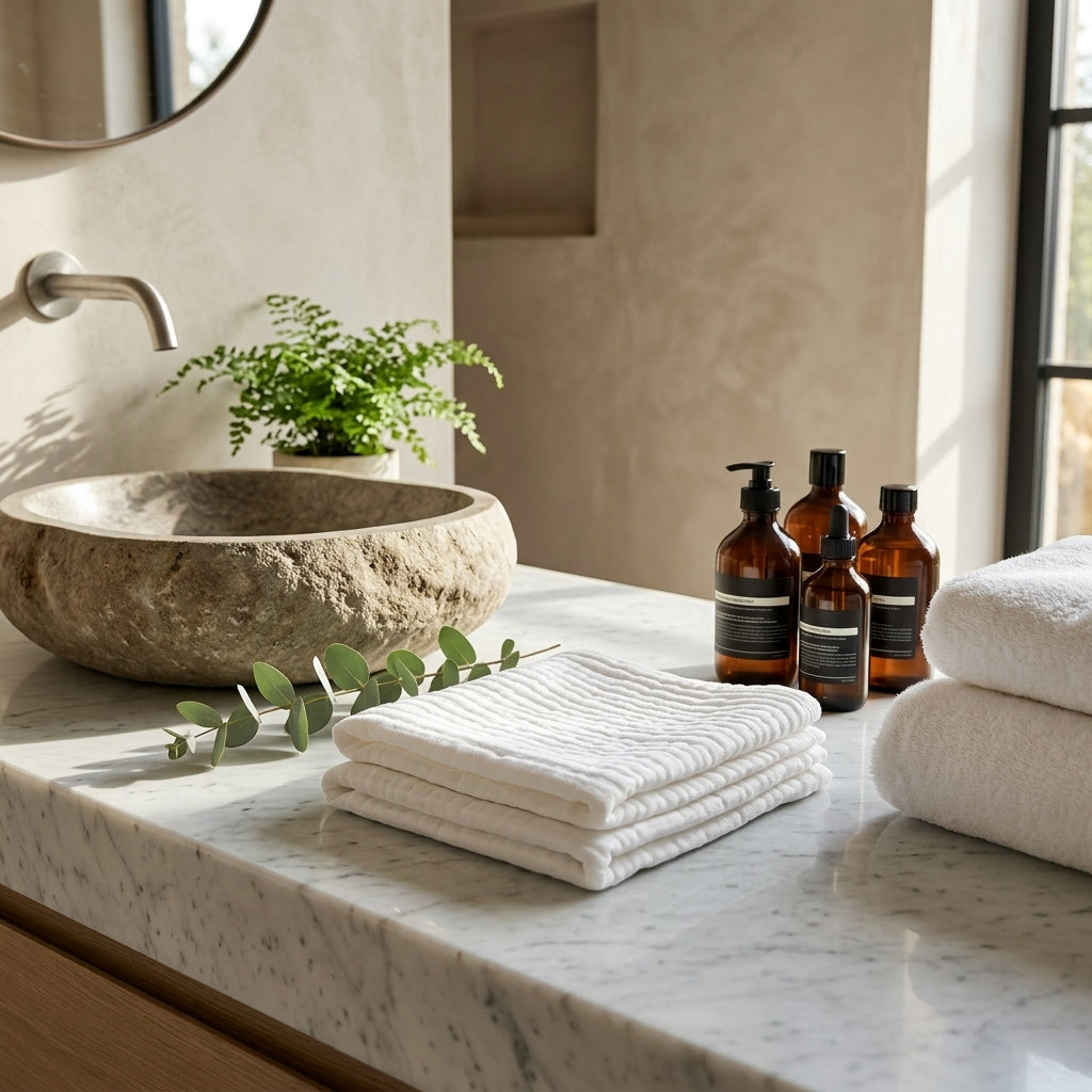 Bathroom counter with stone sink, white facial towels, and bottles on a marble surface.