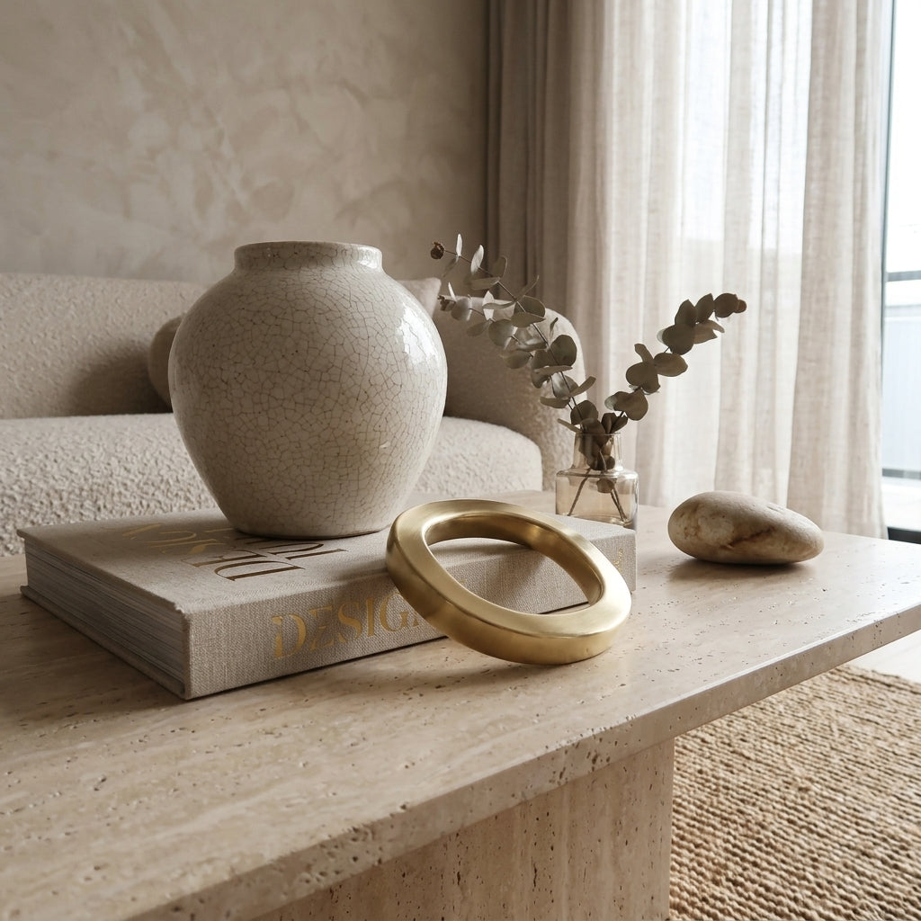 Decorative items on a stone surface including a vase, book, and gold ring.
