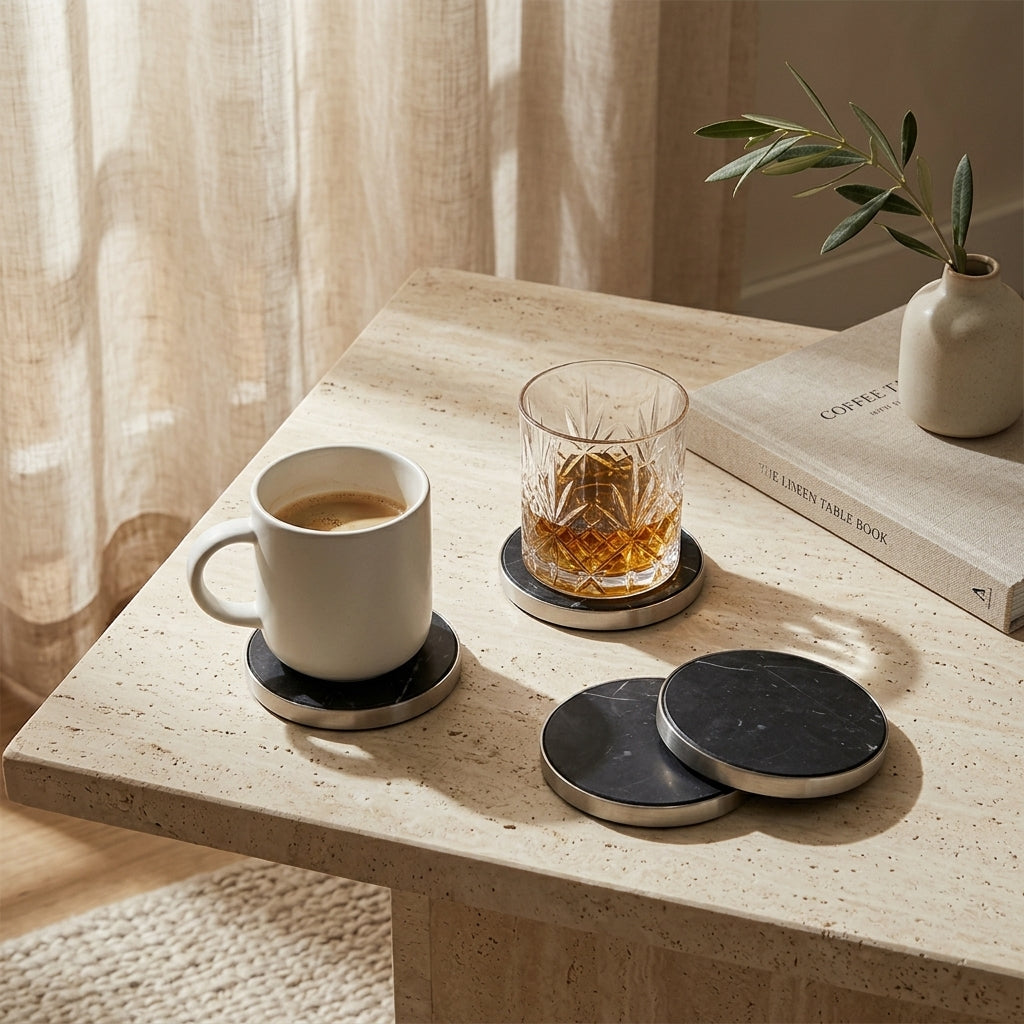 GEO COASTERS | Brushed Nickel & Nero | Set of 4 - Shop premium Home Decor for modern interiors - premium homewares - luxury home decor online