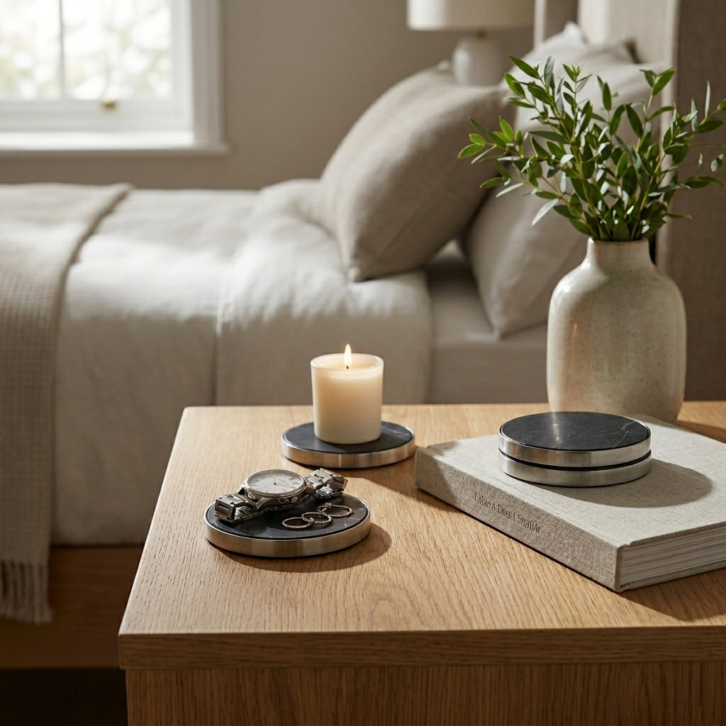 GEO COASTERS | Brushed Nickel & Nero | Set of 4 - Shop premium Home Decor for modern interiors - premium homewares - luxury home decor online
