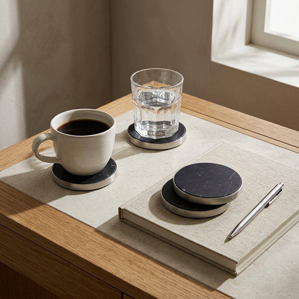 GEO COASTERS | Brushed Nickel & Nero | Set of 4 - Shop premium Home Decor for modern interiors - premium homewares - luxury home decor online