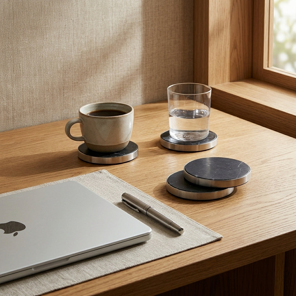 GEO COASTERS | Brushed Nickel & Nero | Set of 4 - Shop premium Home Decor for modern interiors - premium homewares - luxury home decor online