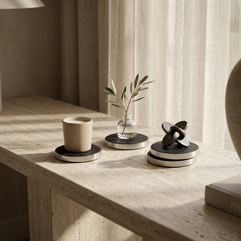 GEO COASTERS | Brushed Nickel & Nero | Set of 4 - Shop premium Home Decor for modern interiors - premium homewares - luxury home decor online