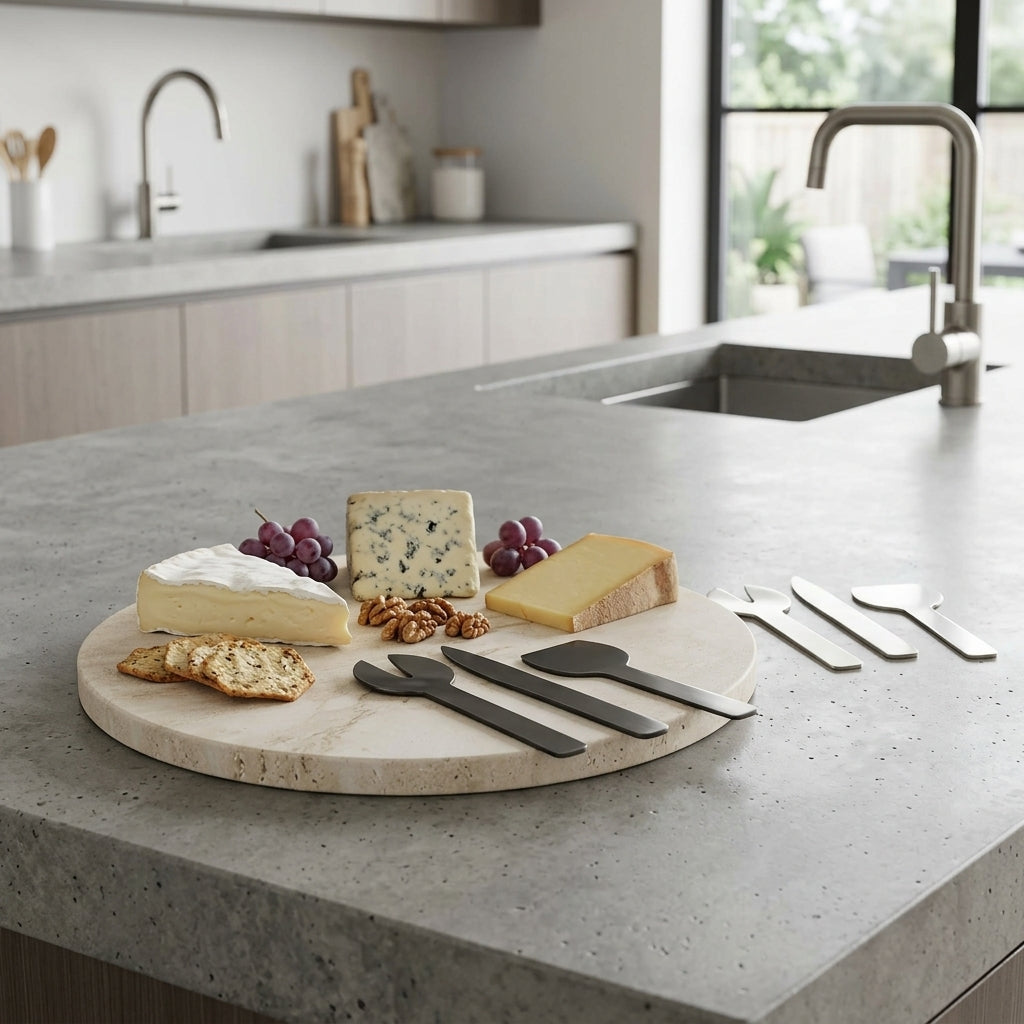 Cheese platter with assorted cheeses on stone cheese board, grapes, and crackers on a kitchen counter with black cheese knives.