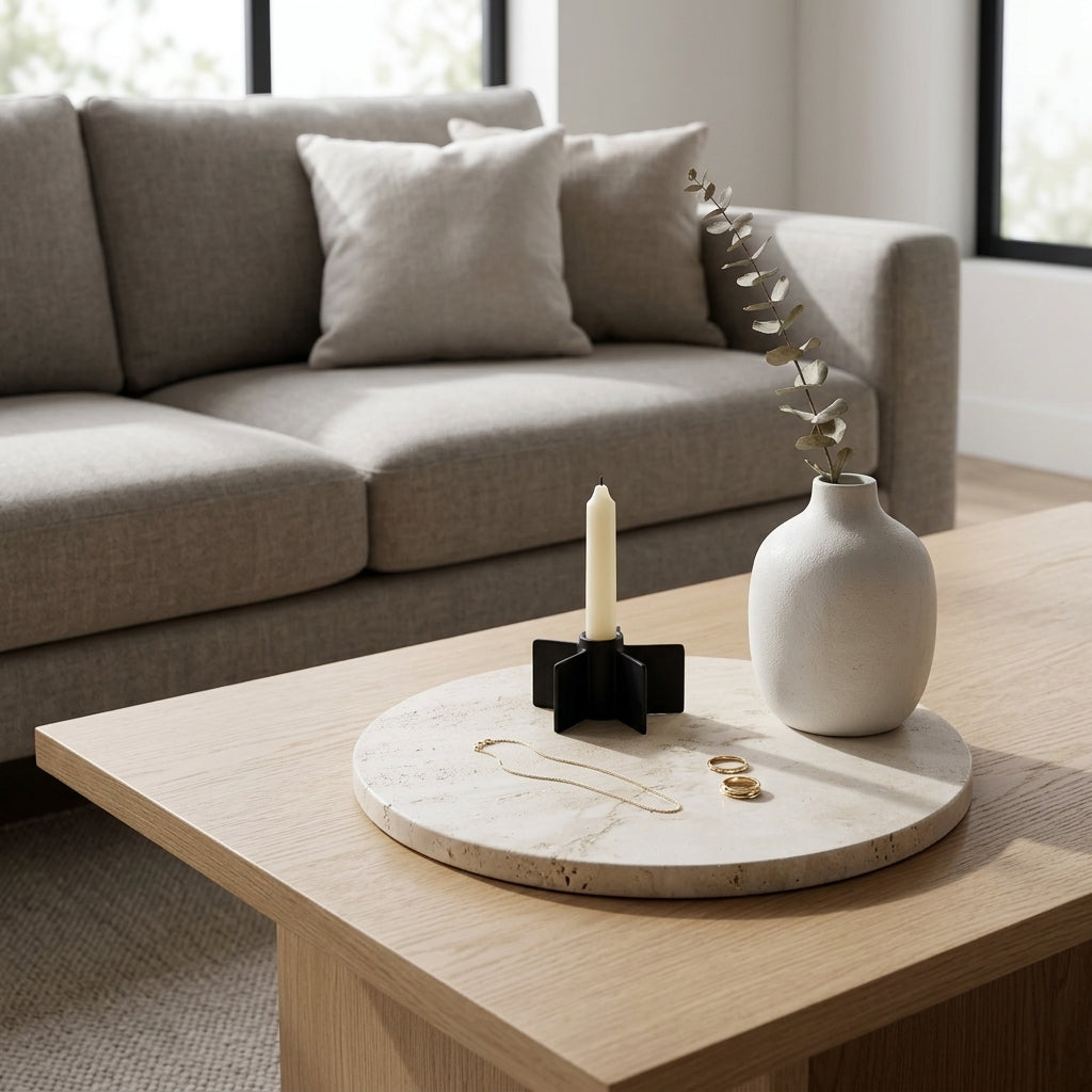 Jewelry, candle and a little vase on a travertine marble round tray. 