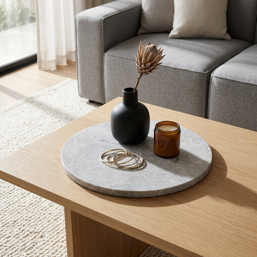 Decorative items on a round marble tray with a vase and candle, placed on a wooden coffee table in a living room.
