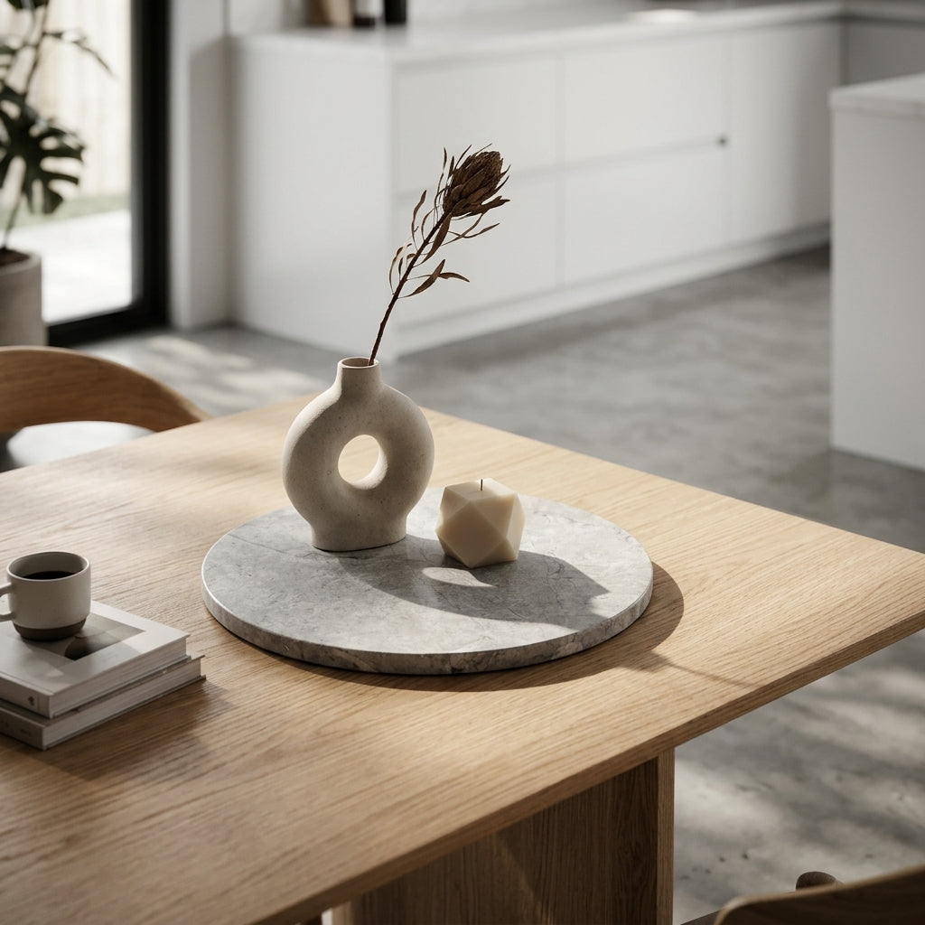 Decorative marble tray on a wooden table with a vase, candle, and books.